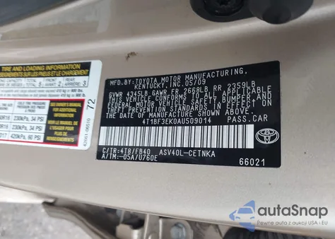 2010 Toyota Camry Le from USA, damaged, VIN 4T1BF3EK0AU509014